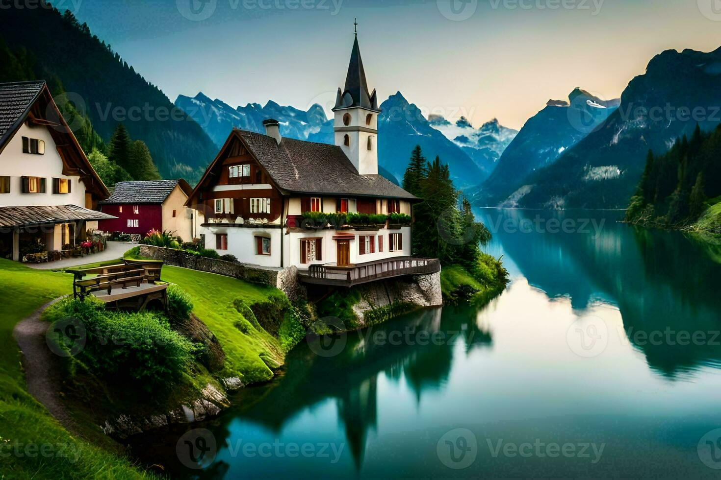 un hermosa lago y un pequeño pueblo en el montañas. generado por ai foto