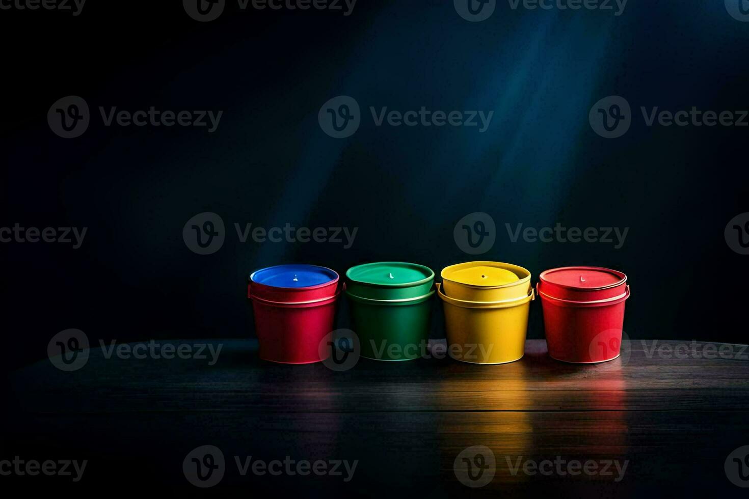 four colorful plastic cups on a dark table. AI-Generated photo