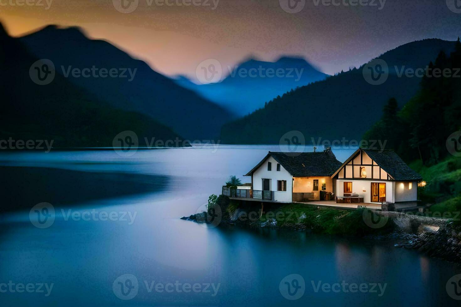 un casa se sienta en el apuntalar de un lago a oscuridad. generado por ai foto