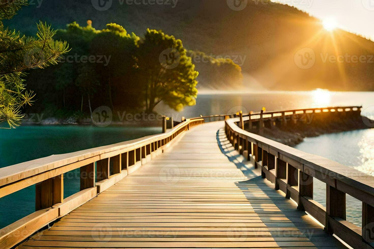 a wooden bridge over a lake at sunset. AI-Generated photo