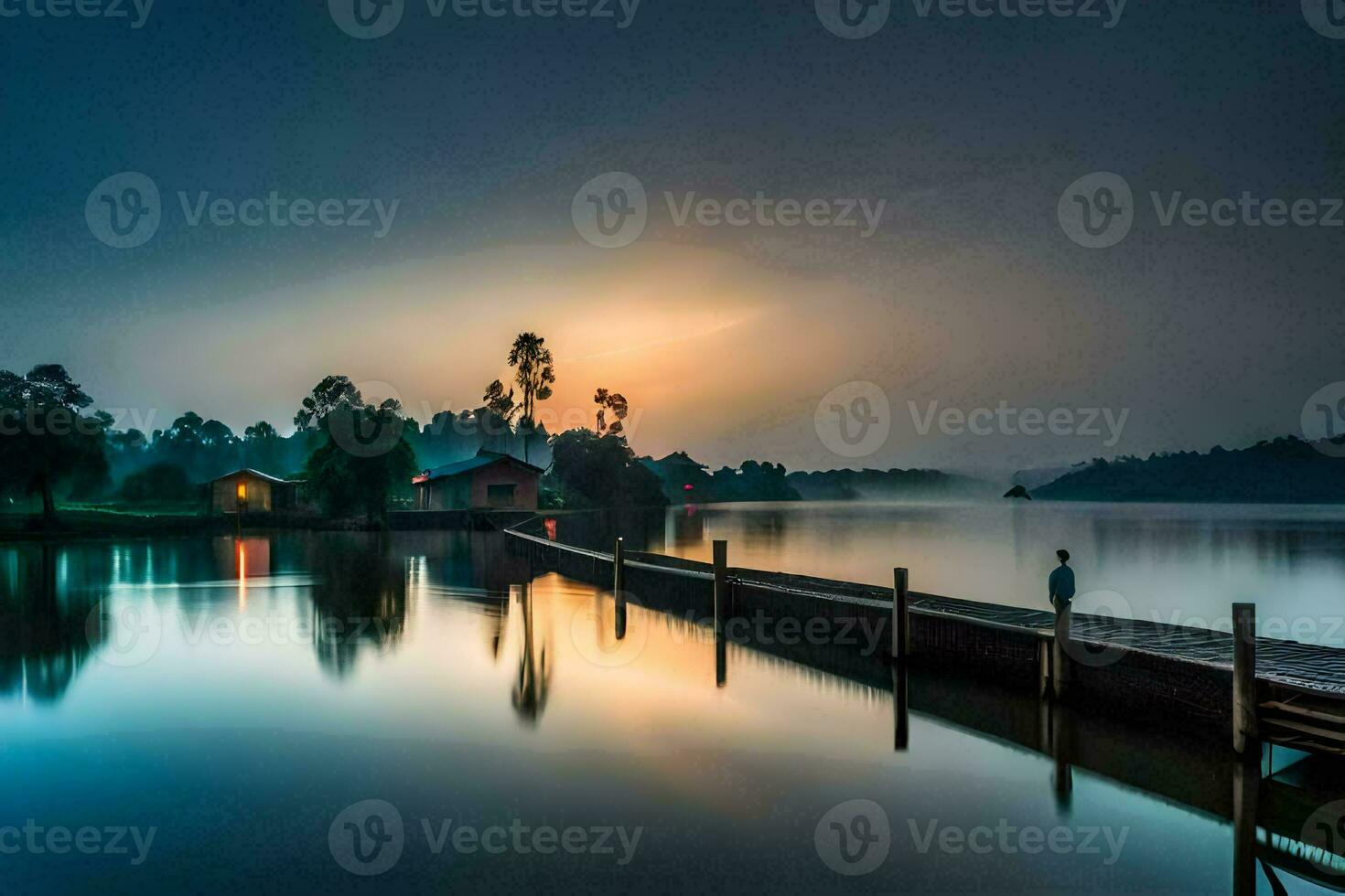 a man stands on a dock at sunset. AI-Generated photo