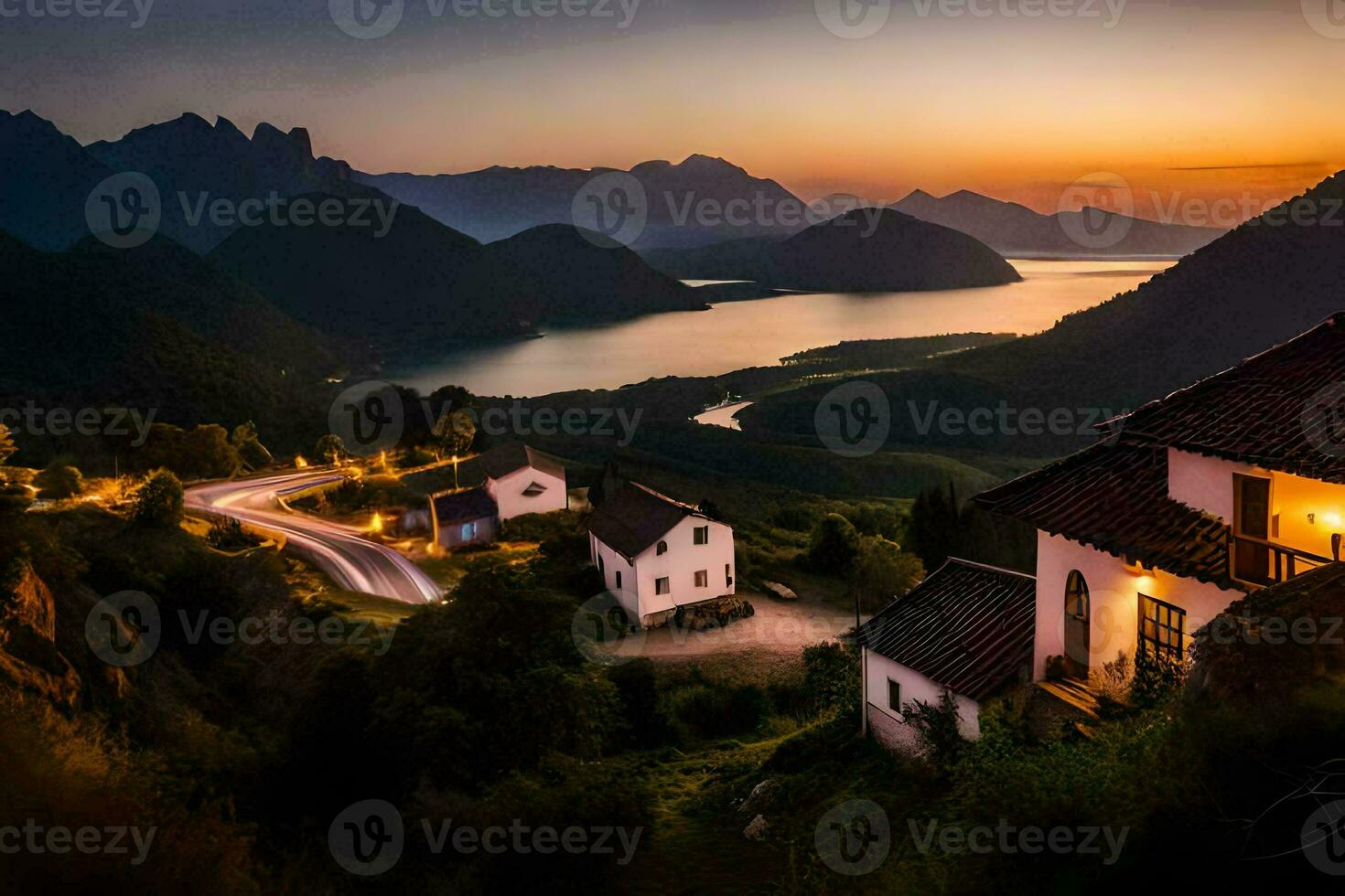 photo wallpaper the sky, mountains, house, sunset, lake, road, house, the road. AI-Generated