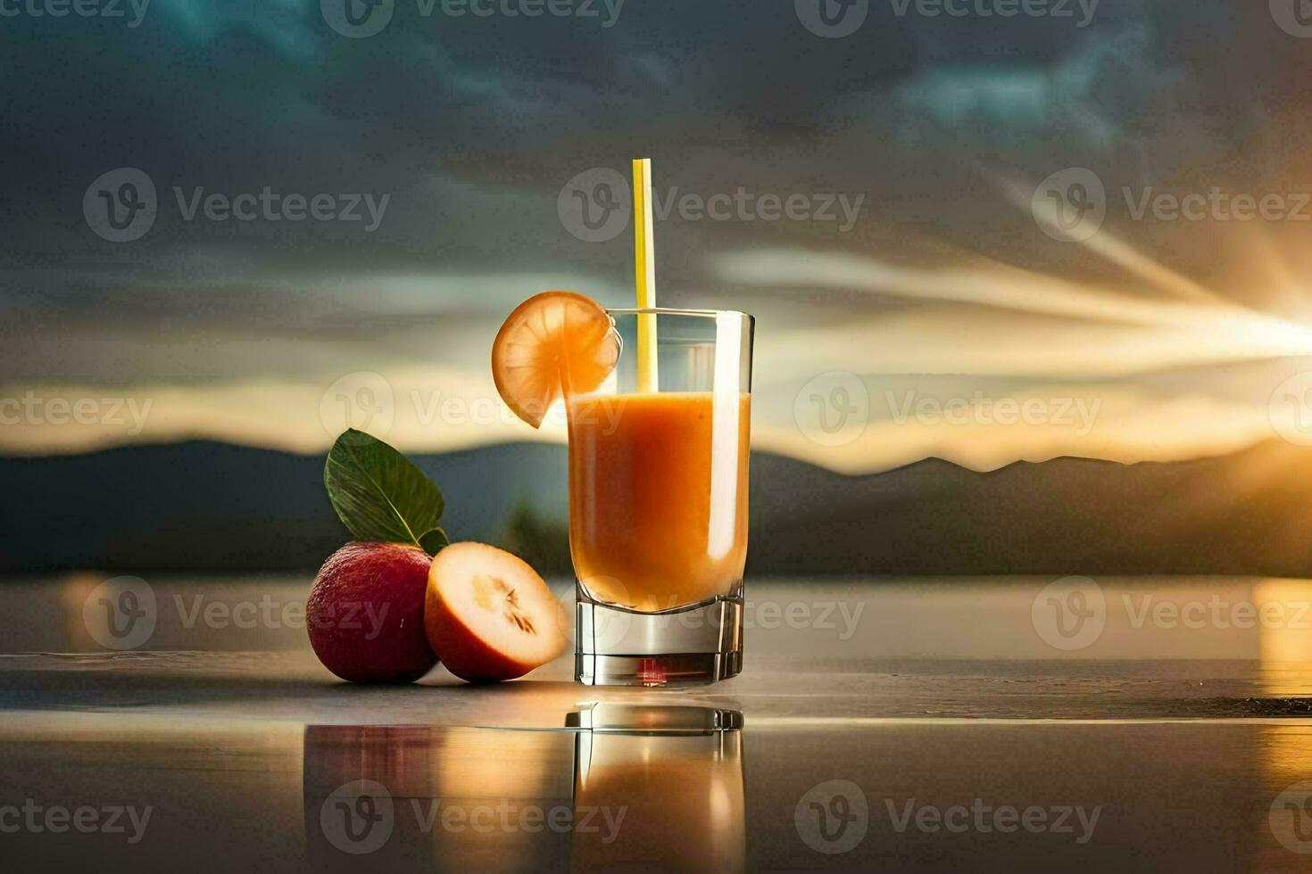 un vaso de jugo con un manzana y un paja. generado por ai foto