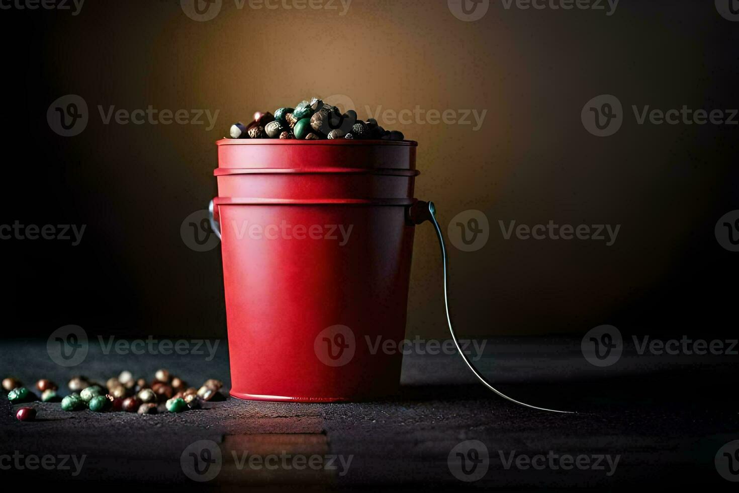 a red bucket filled with colored beans. AI-Generated photo