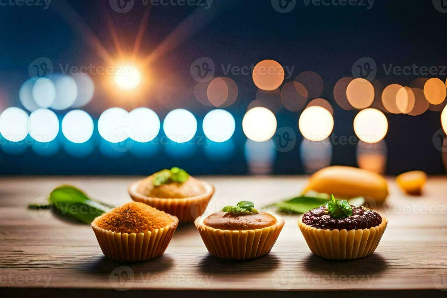 three cupcakes sitting on a table with lights in the background. AI-Generated photo