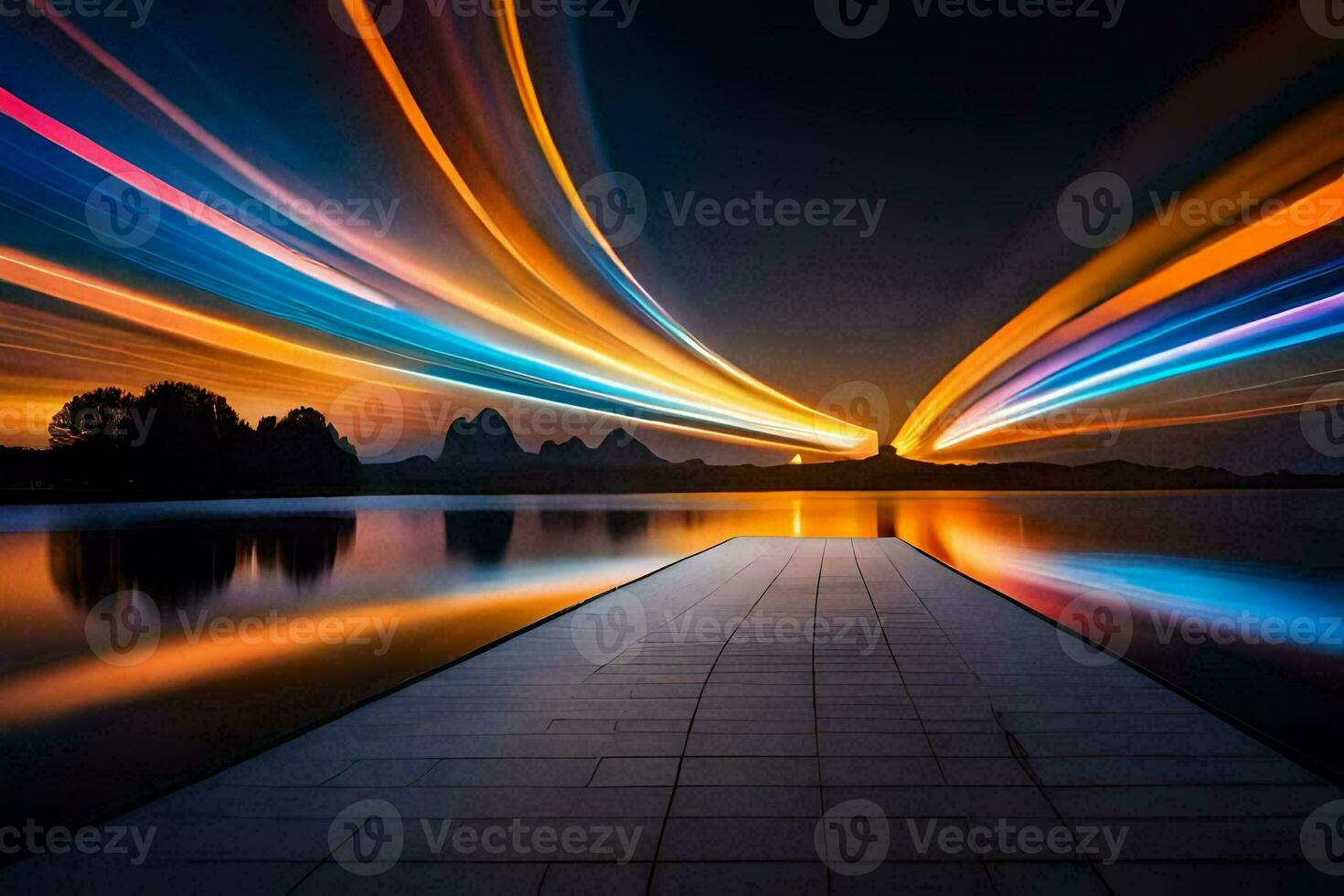 a long exposure photograph of a bridge over water. AI-Generated photo
