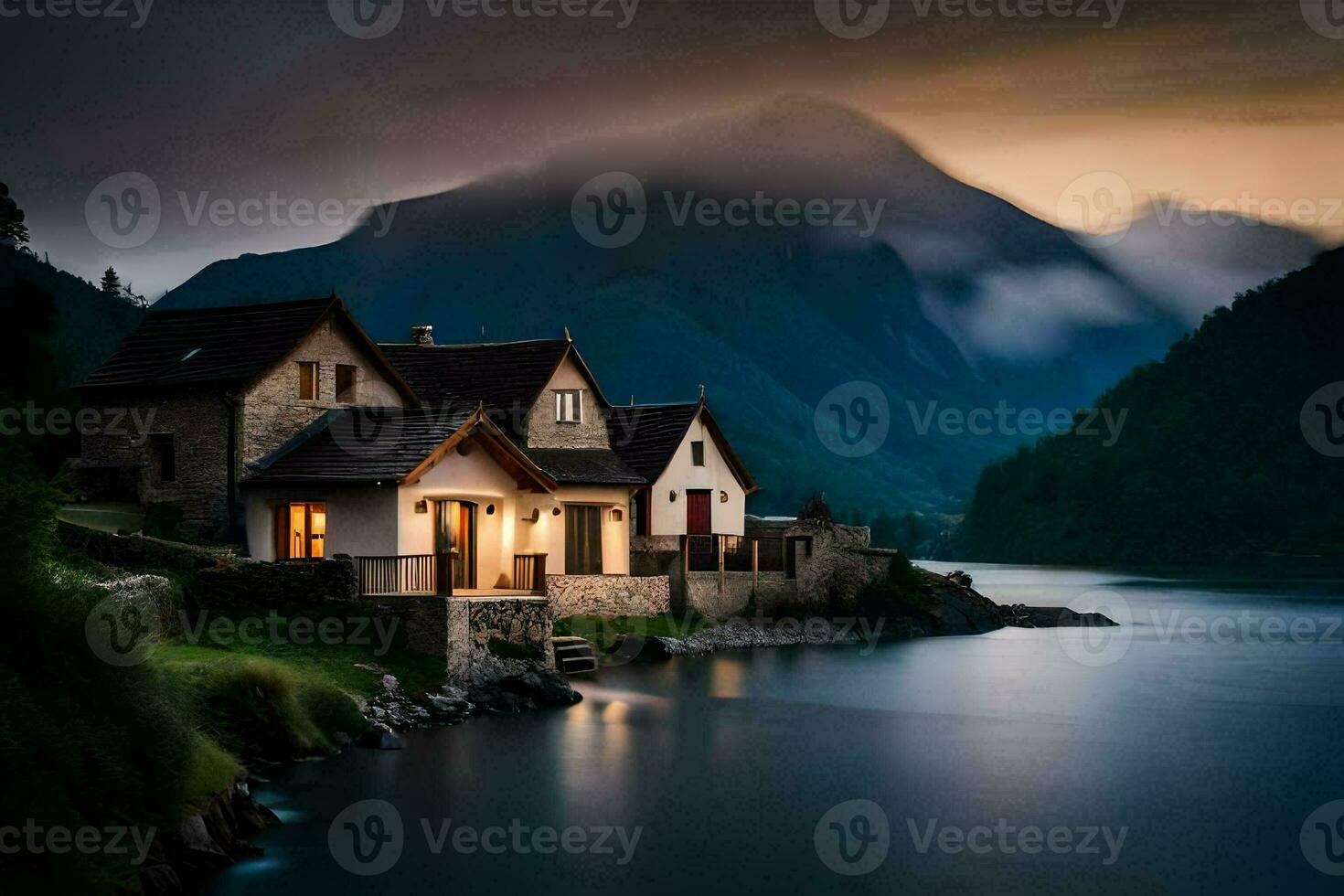 photo wallpaper the sky, mountains, house, lake, fog, the house, the lake,. AI-Generated