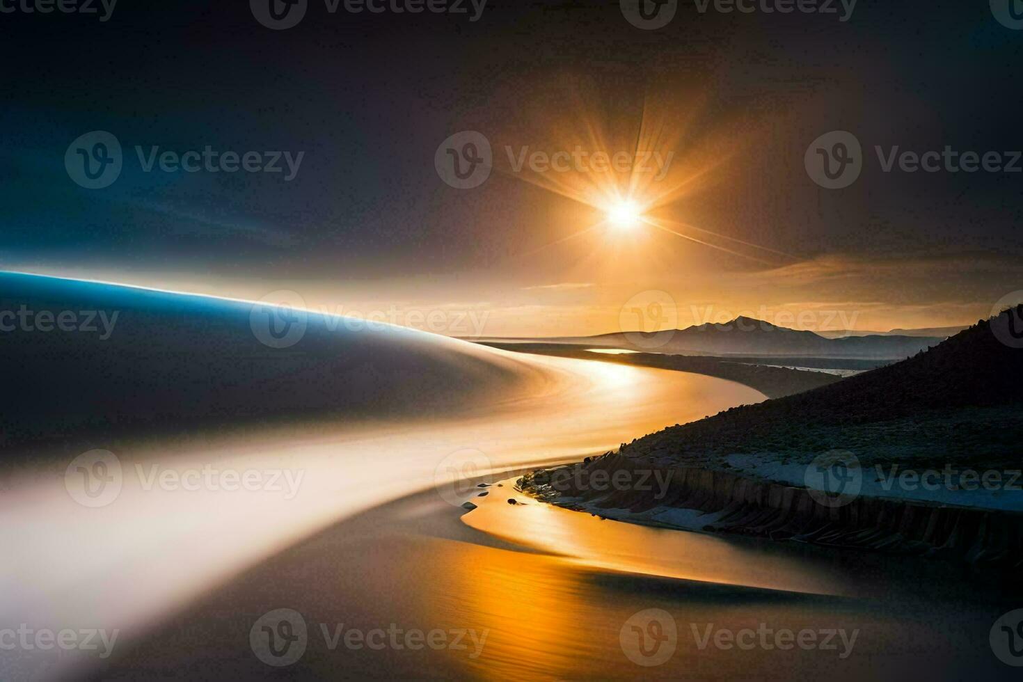 the sun is shining over a river and mountains. AI-Generated photo
