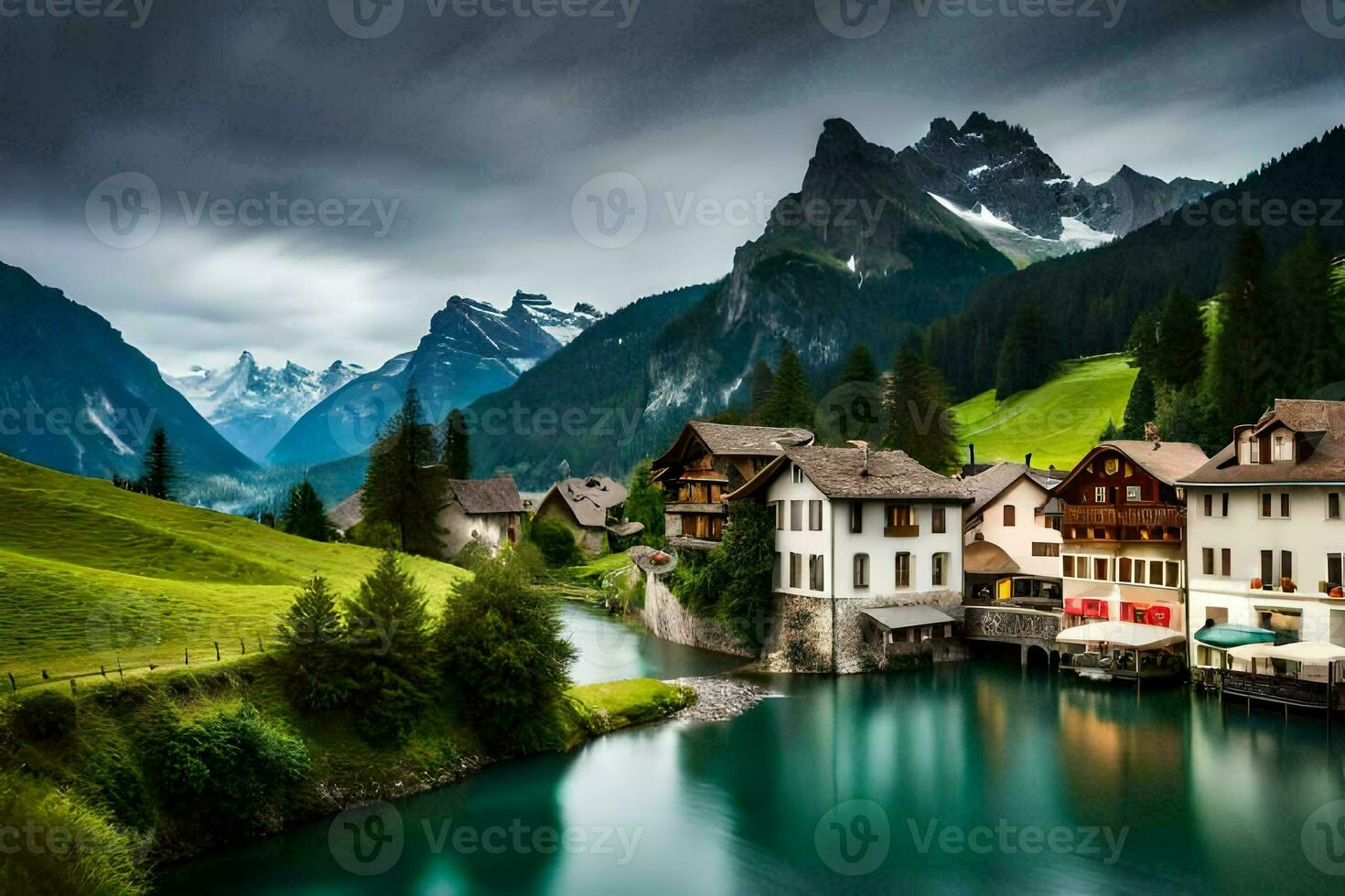 a river runs through a village in the mountains. AI-Generated photo