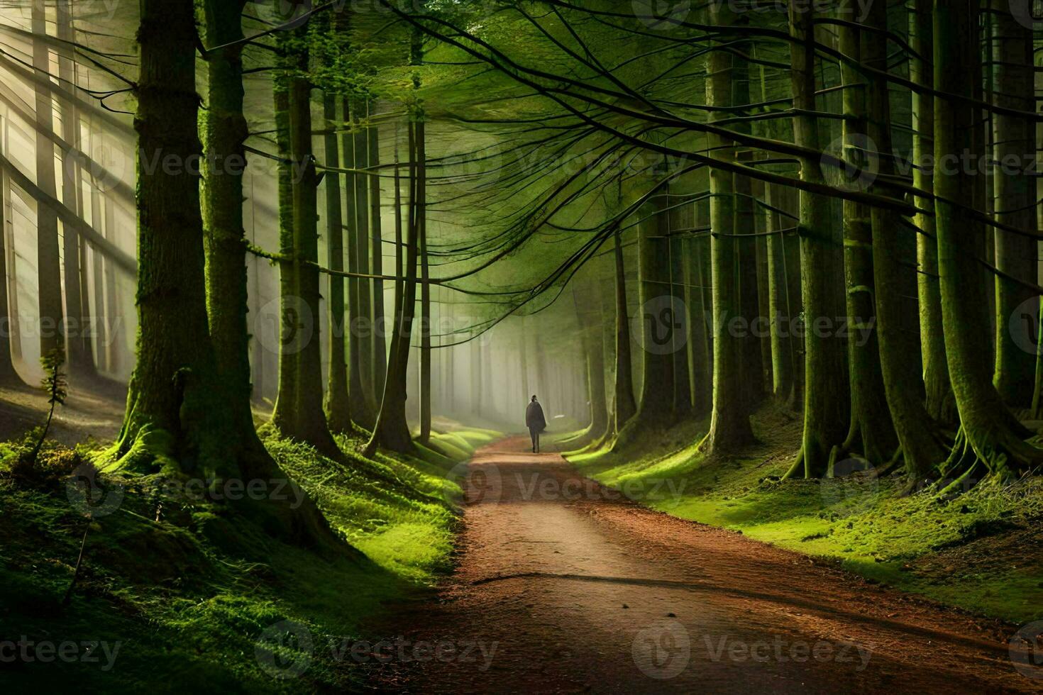 a man walking down a dirt road in the middle of a forest. AI-Generated photo