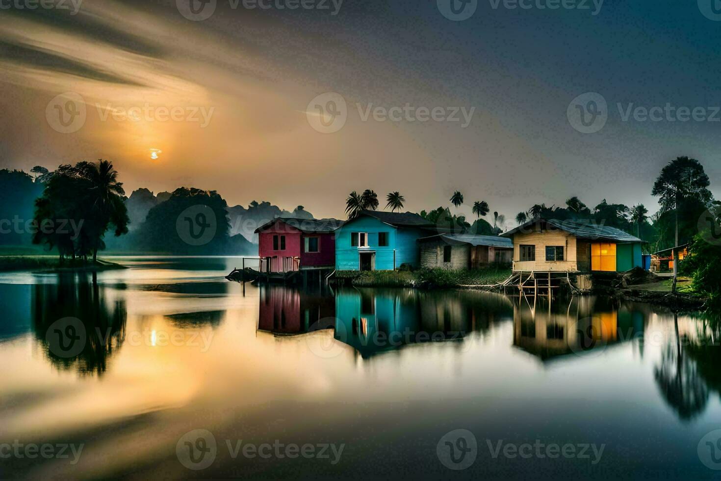 vistoso casas en el agua a puesta de sol. generado por ai foto