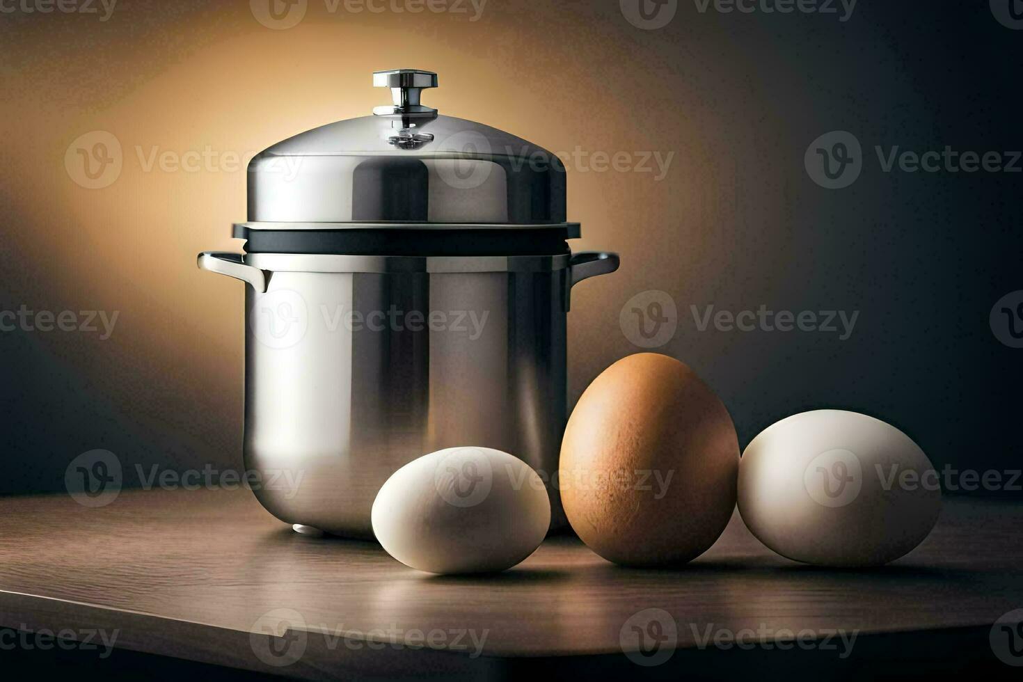 an egg, a pot and a pan on a table. AI-Generated photo