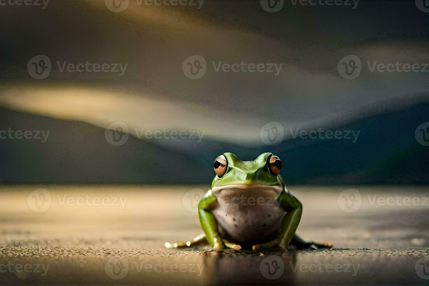a frog sitting on the ground in front of a lake. AI-Generated photo