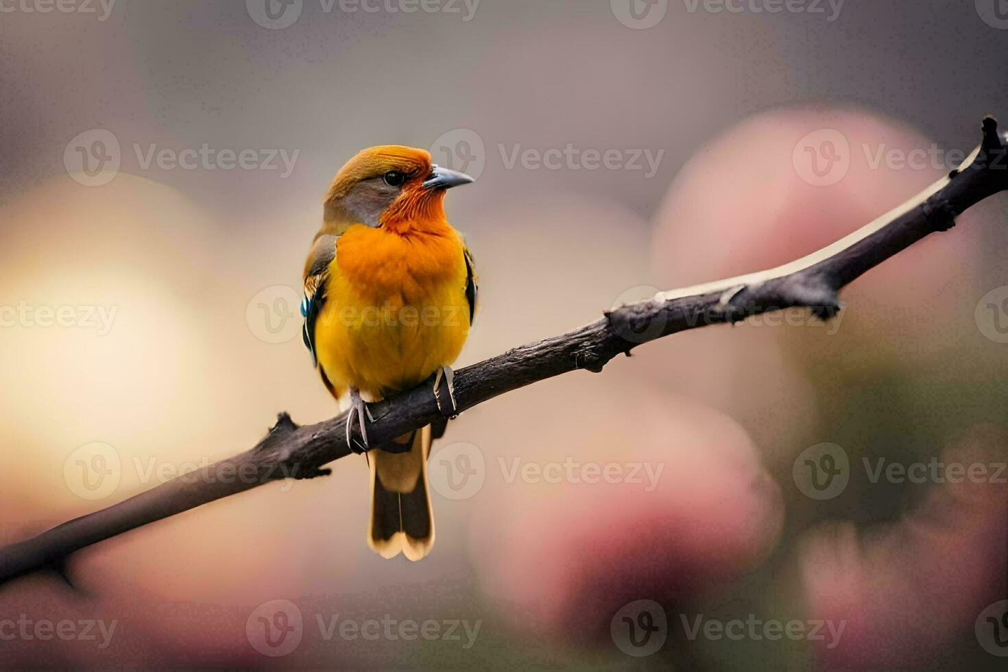 a small orange bird sits on a branch. AI-Generated photo