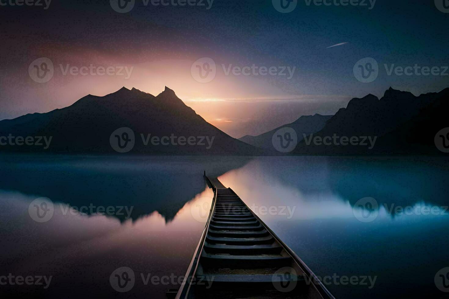a wooden pier leads into the water at sunset. AI-Generated photo