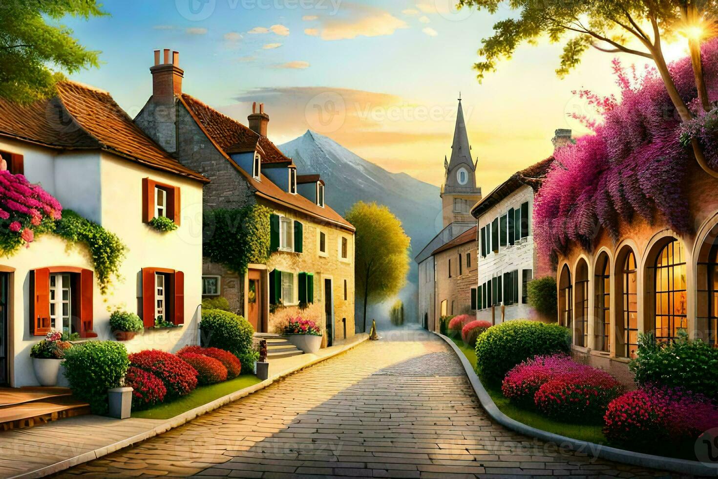 photo wallpaper the sky, houses, flowers, trees, flowers, flowers, flowers, flowers,. AI-Generated