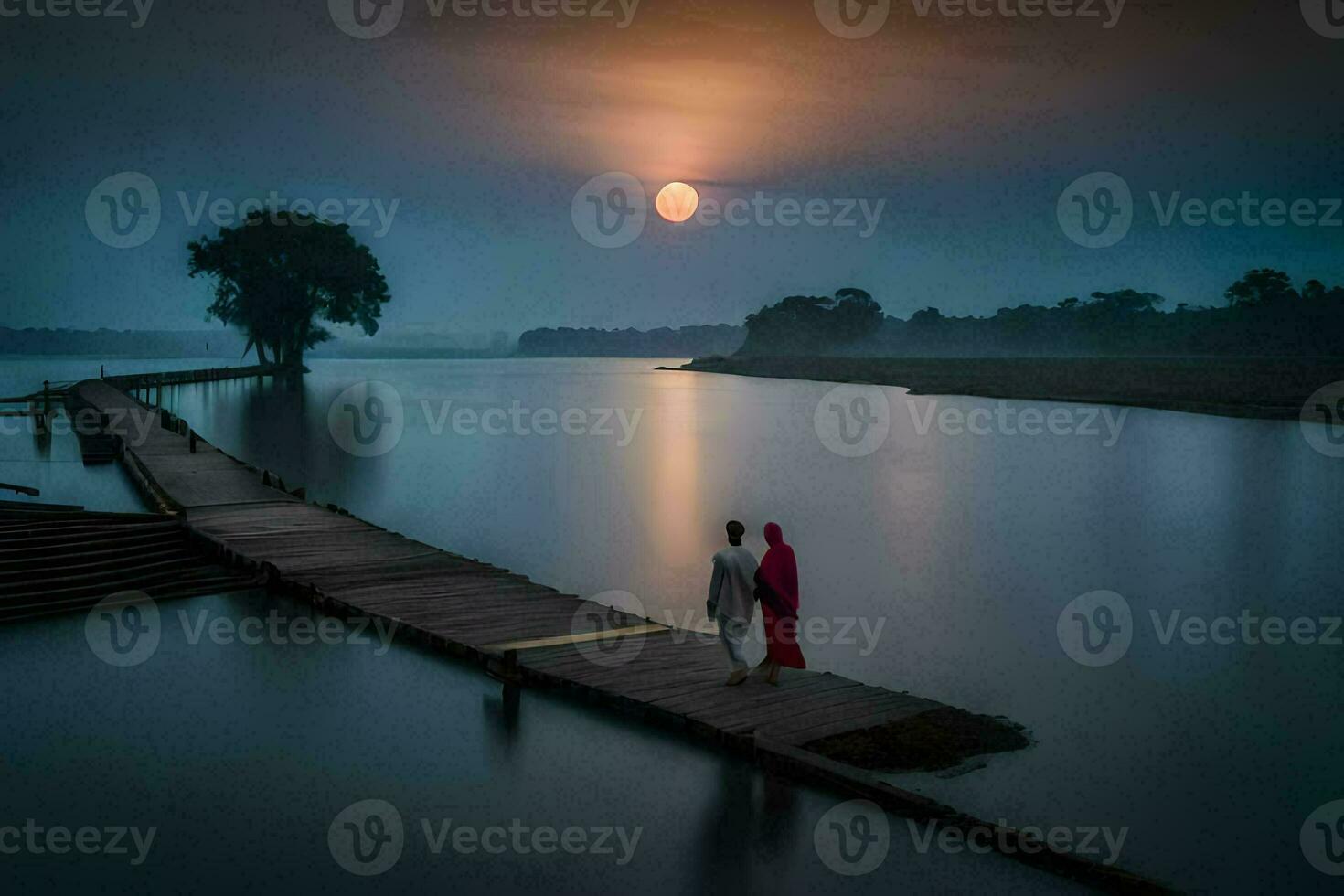 a couple walking on a dock in front of a full moon. AI-Generated photo