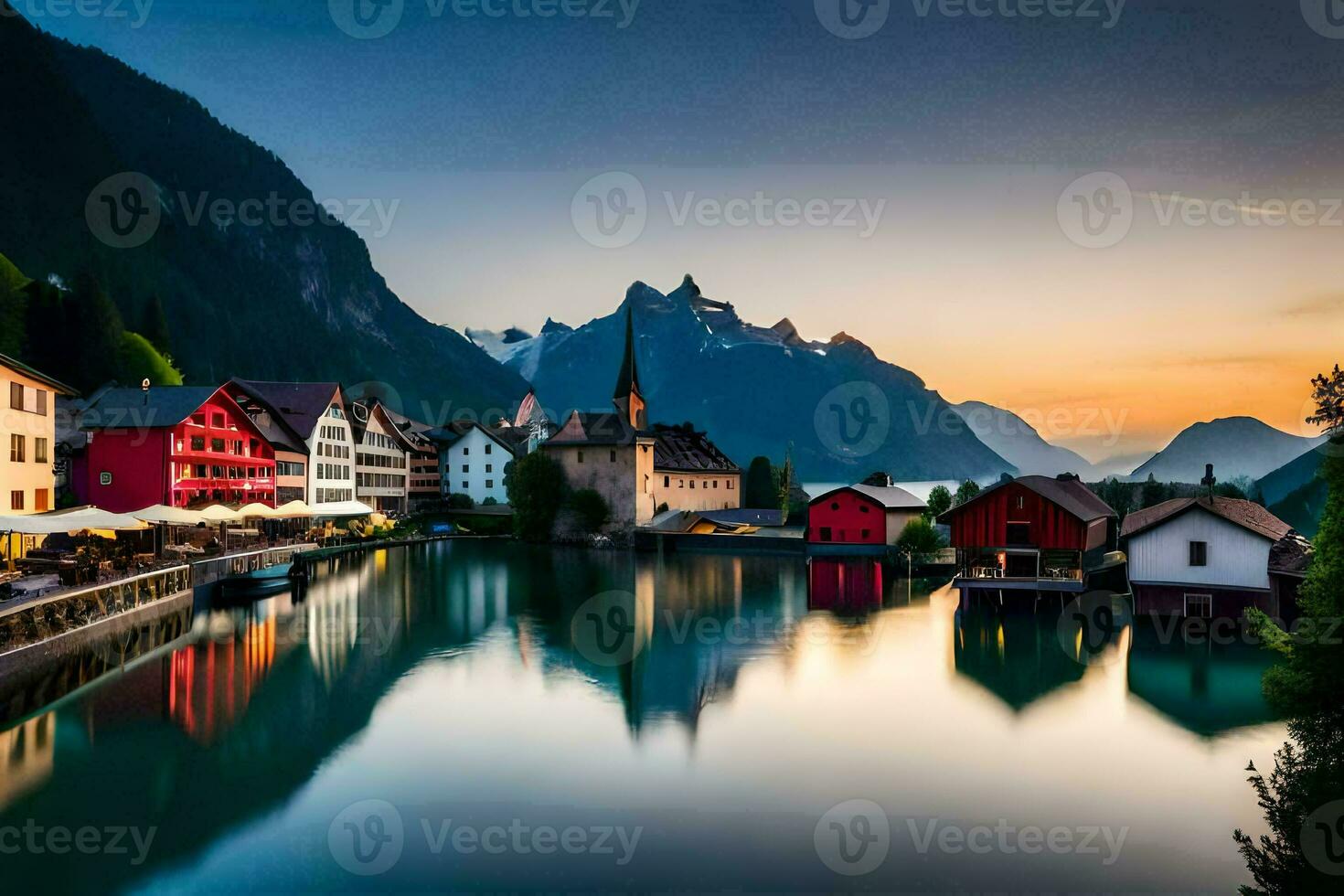 the sun sets over a lake and buildings in the mountains. AI-Generated photo