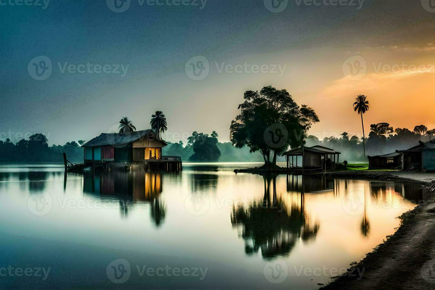 a house on the water with a sunset behind it. AI-Generated photo