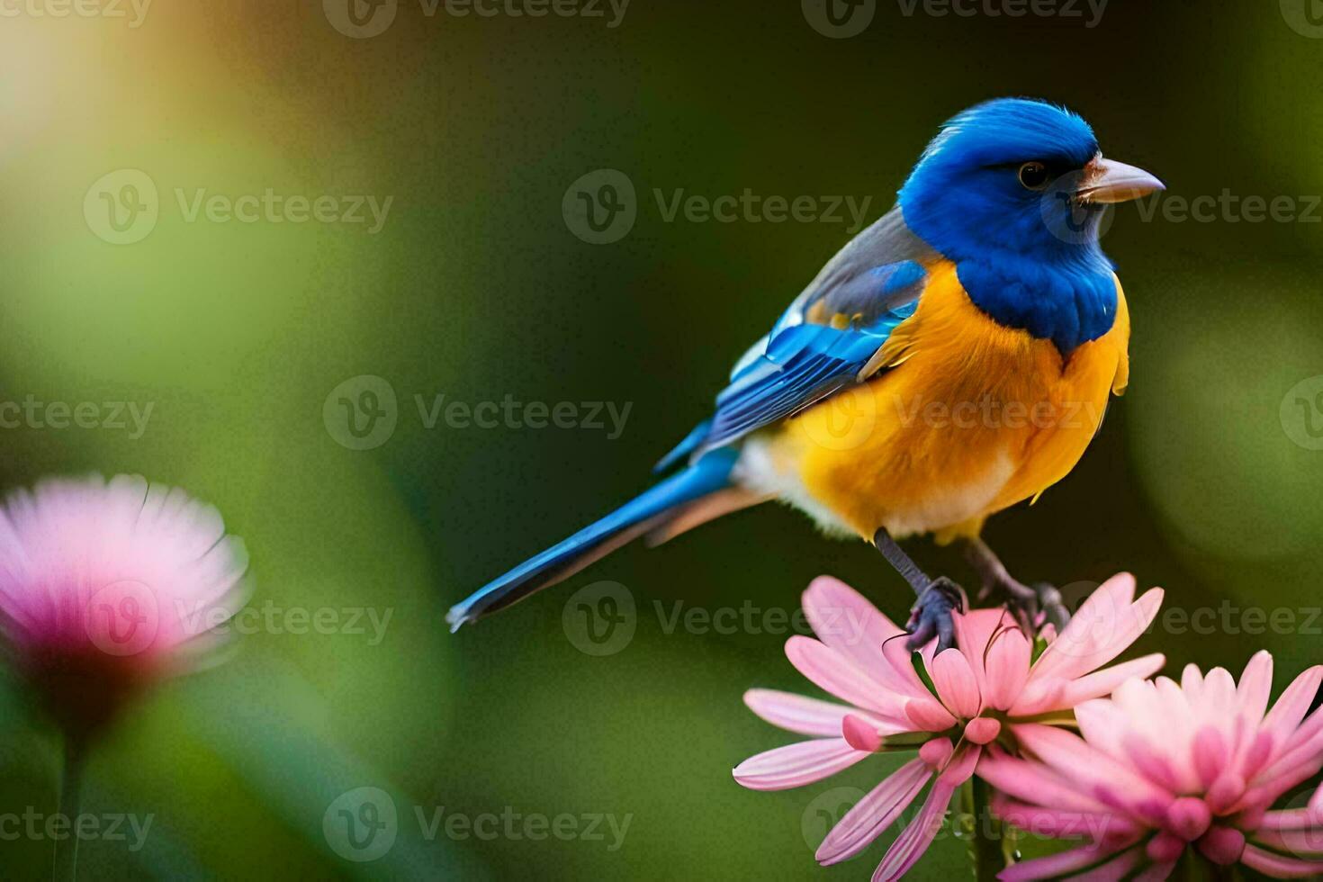 un azul y naranja pájaro es encaramado en un rosado flor. generado por ai foto