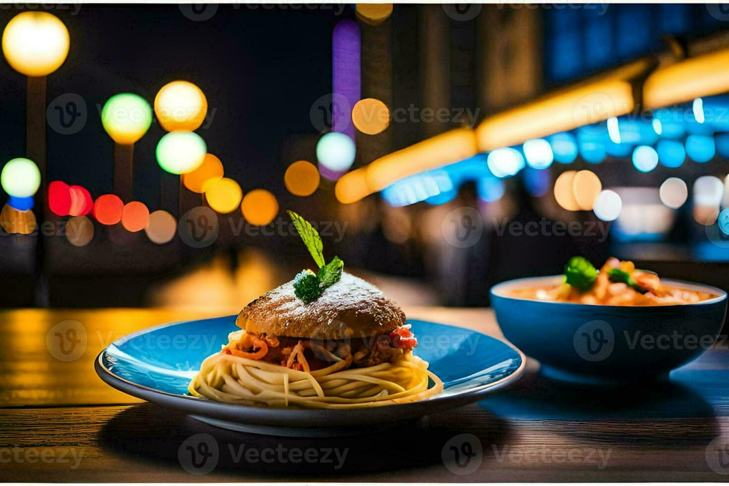 spaghetti and a bowl of soup on a wooden table. AI-Generated photo