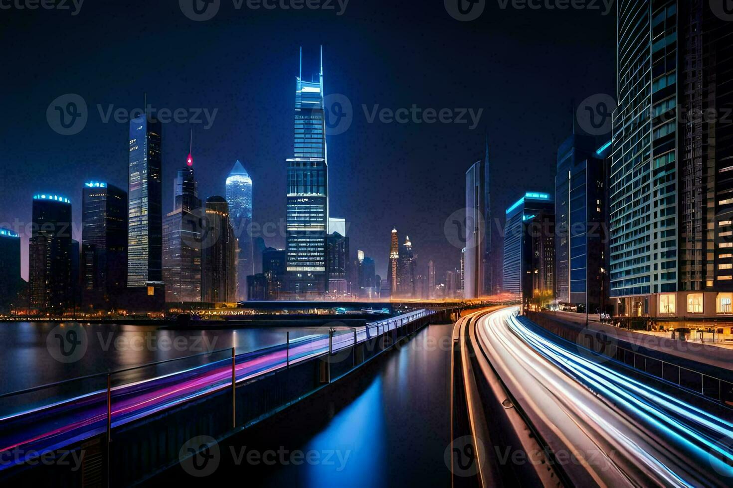 un ciudad horizonte a noche con luces en el edificios generado por ai foto