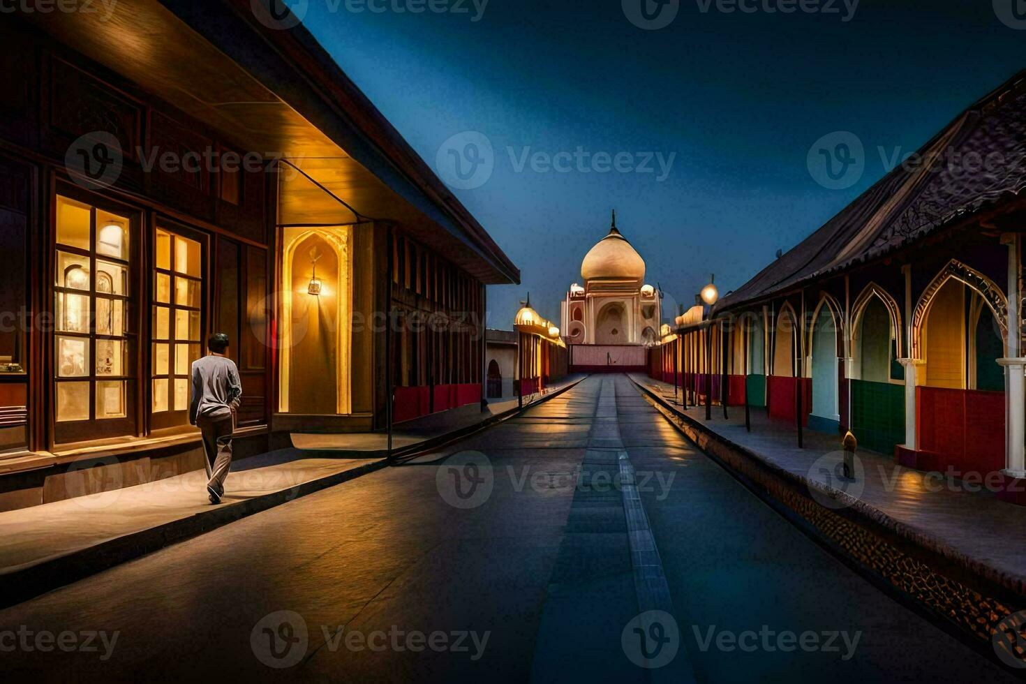 a man walks down a long walkway in front of a building. AI-Generated photo