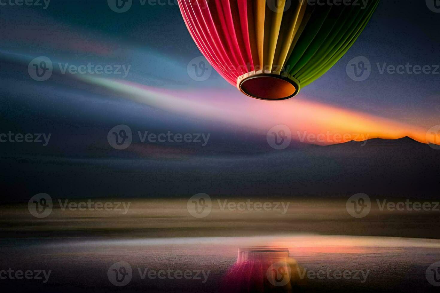 a colorful hot air balloon floats in the air. AI-Generated photo