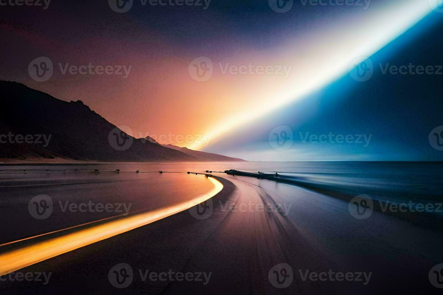 a long exposure photograph of a beach at sunset. AI-Generated photo