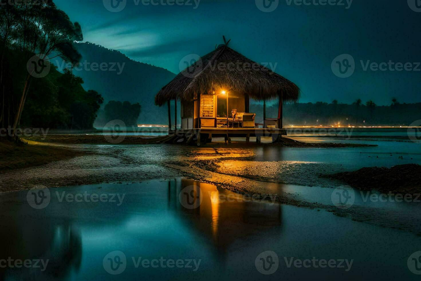 the hut on the beach at night. AI-Generated photo