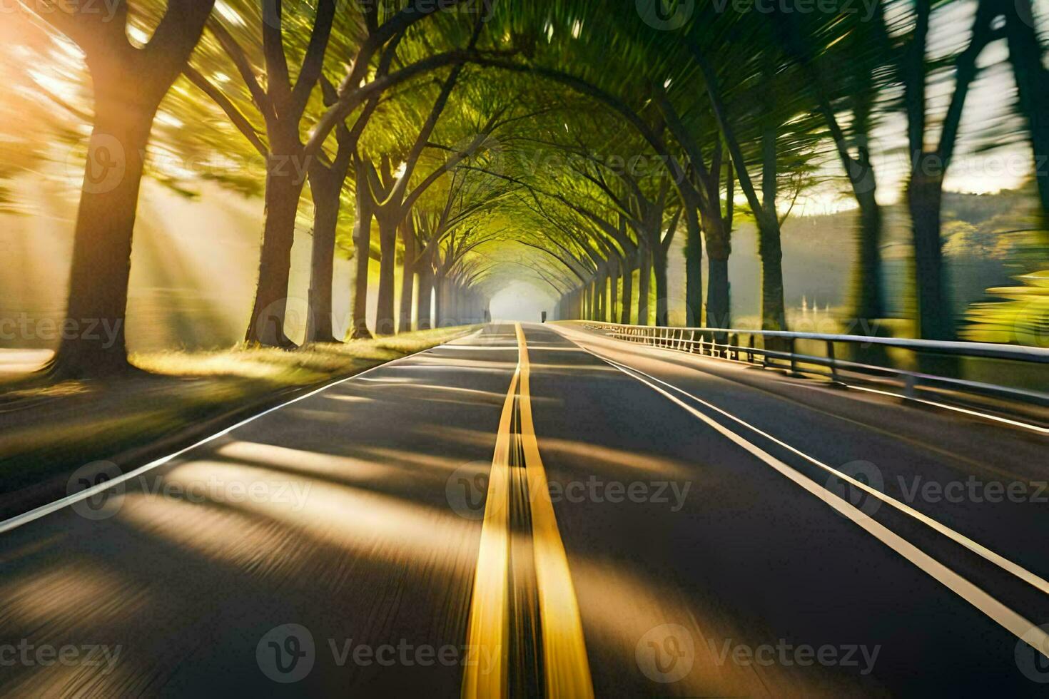 a road with trees and sun rays. AI-Generated photo