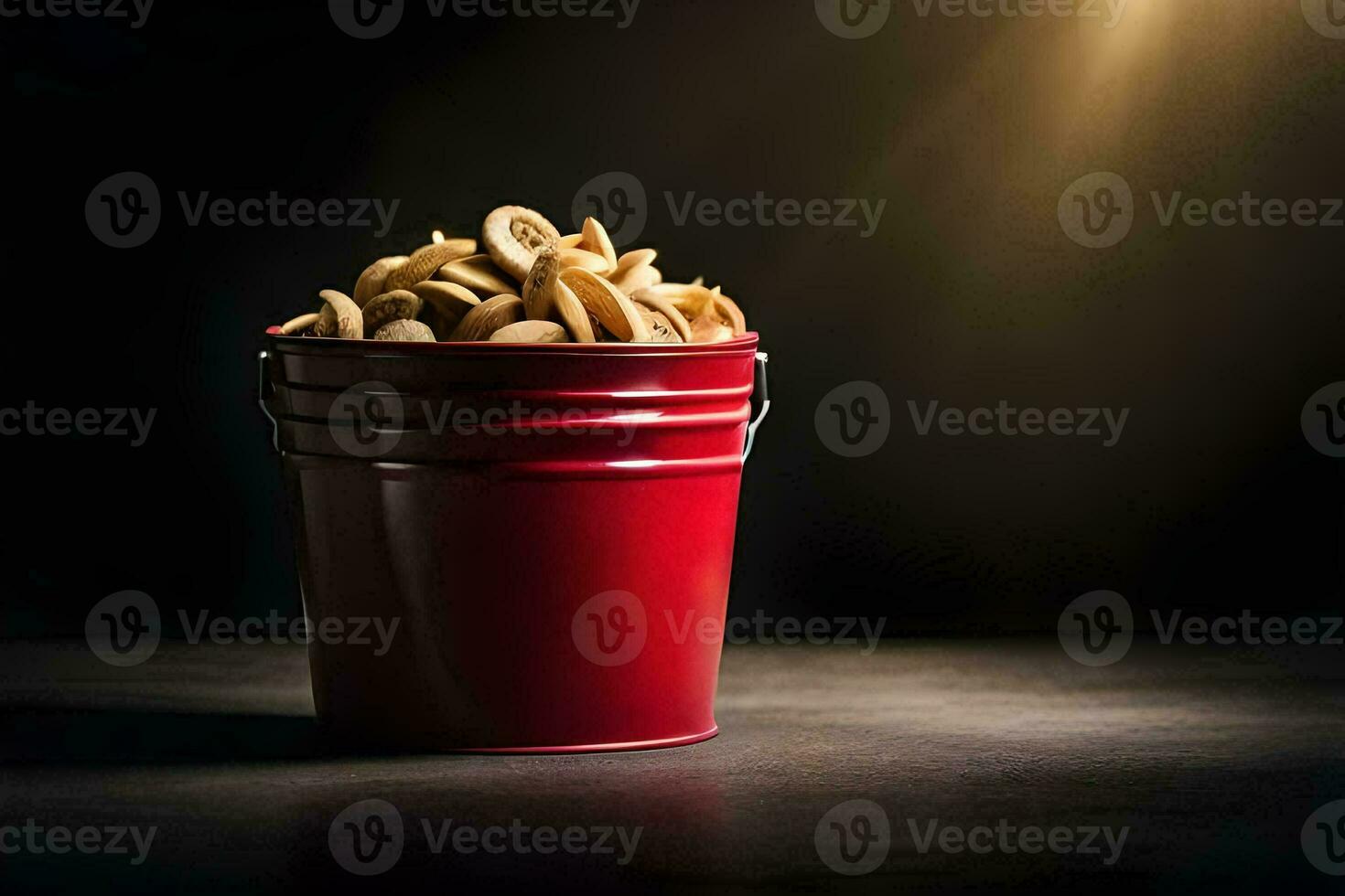 a red bucket filled with chips on a dark background. AI-Generated photo