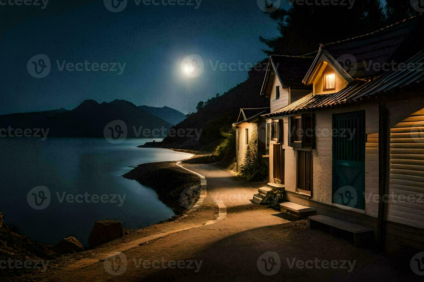 a house on the shore of a lake at night. AI-Generated photo