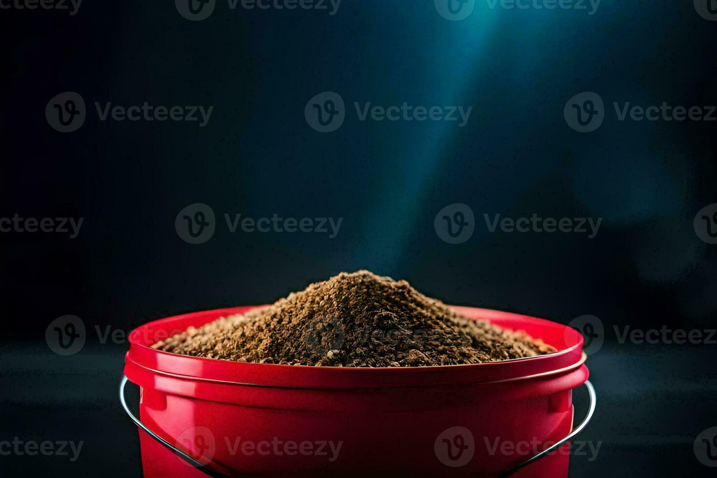 a bucket filled with brown powder on a dark background. AI-Generated photo