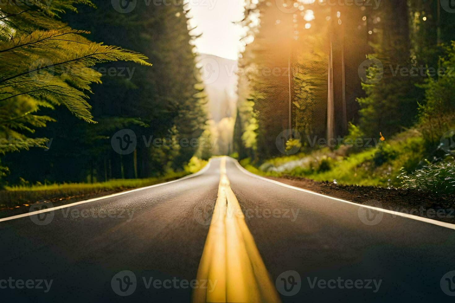 a road in the woods with trees and sun. AI-Generated photo