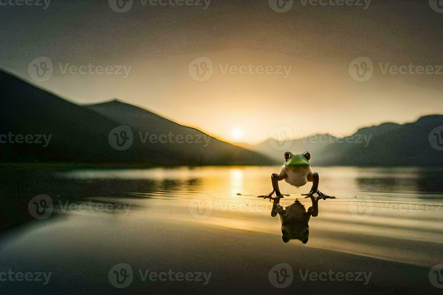 a frog standing on the edge of a lake at sunset. AI-Generated photo