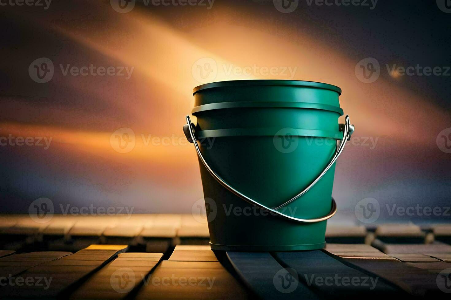 un verde Cubeta sentado en parte superior de un teclado. generado por ai foto