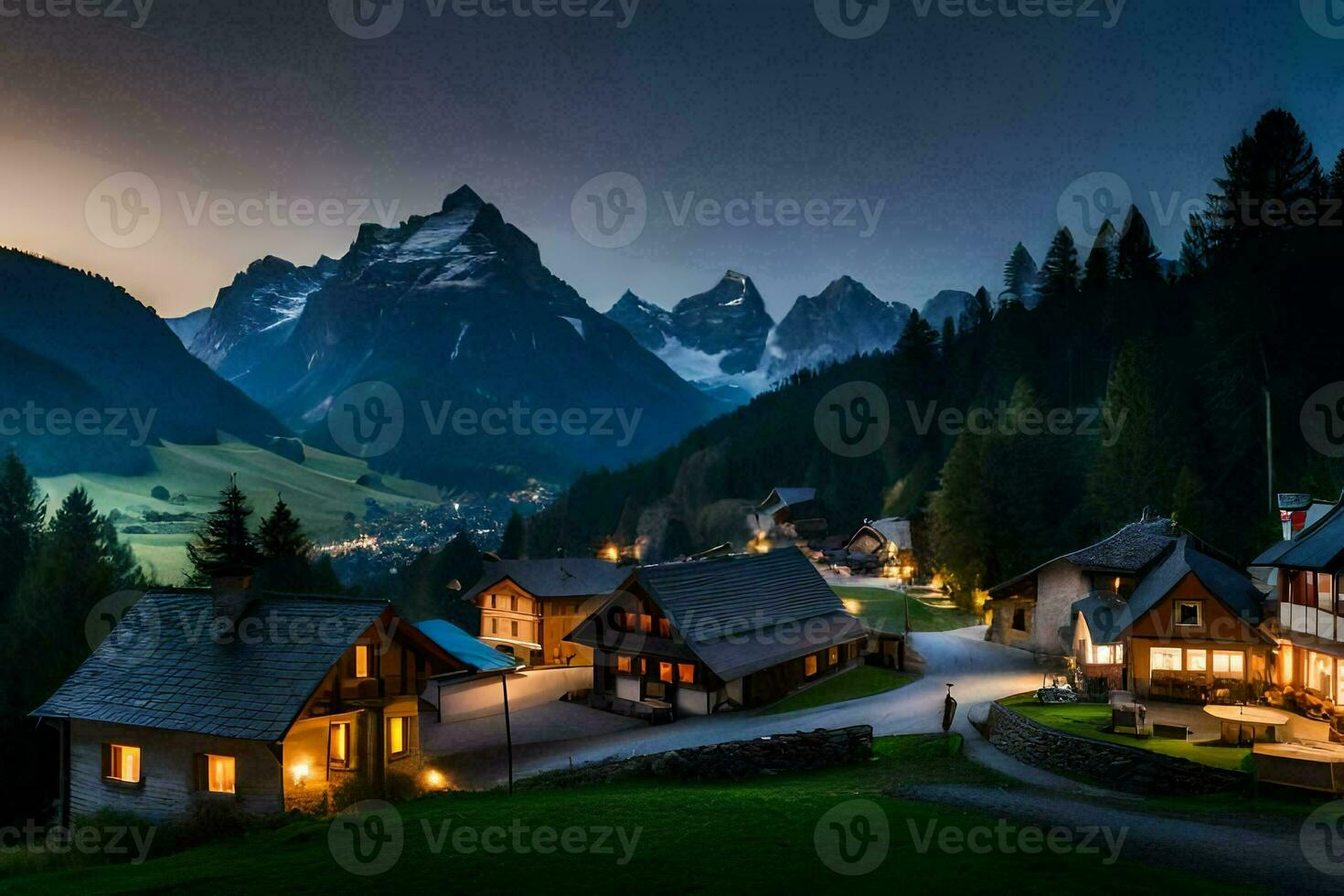 photo wallpaper the sky, mountains, trees, night, the village, the mountains, the village. AI-Generated