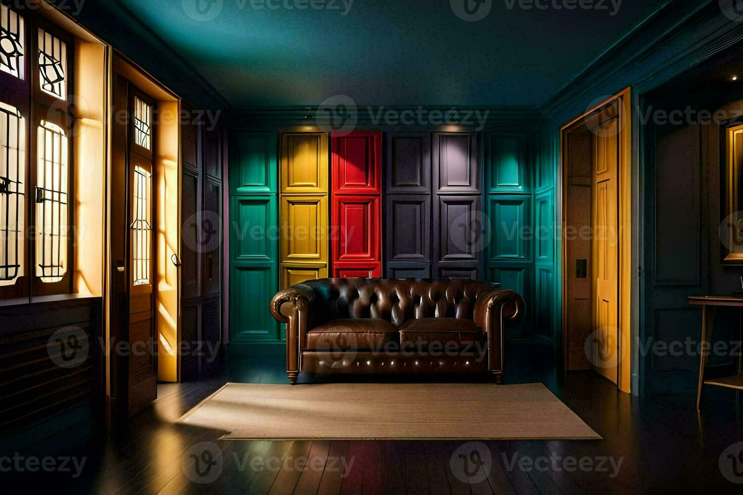 a room with a leather couch and colorful walls. AI-Generated photo