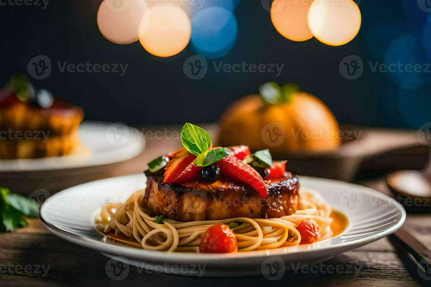 the food is served on a wooden table with a light background. AI-Generated photo