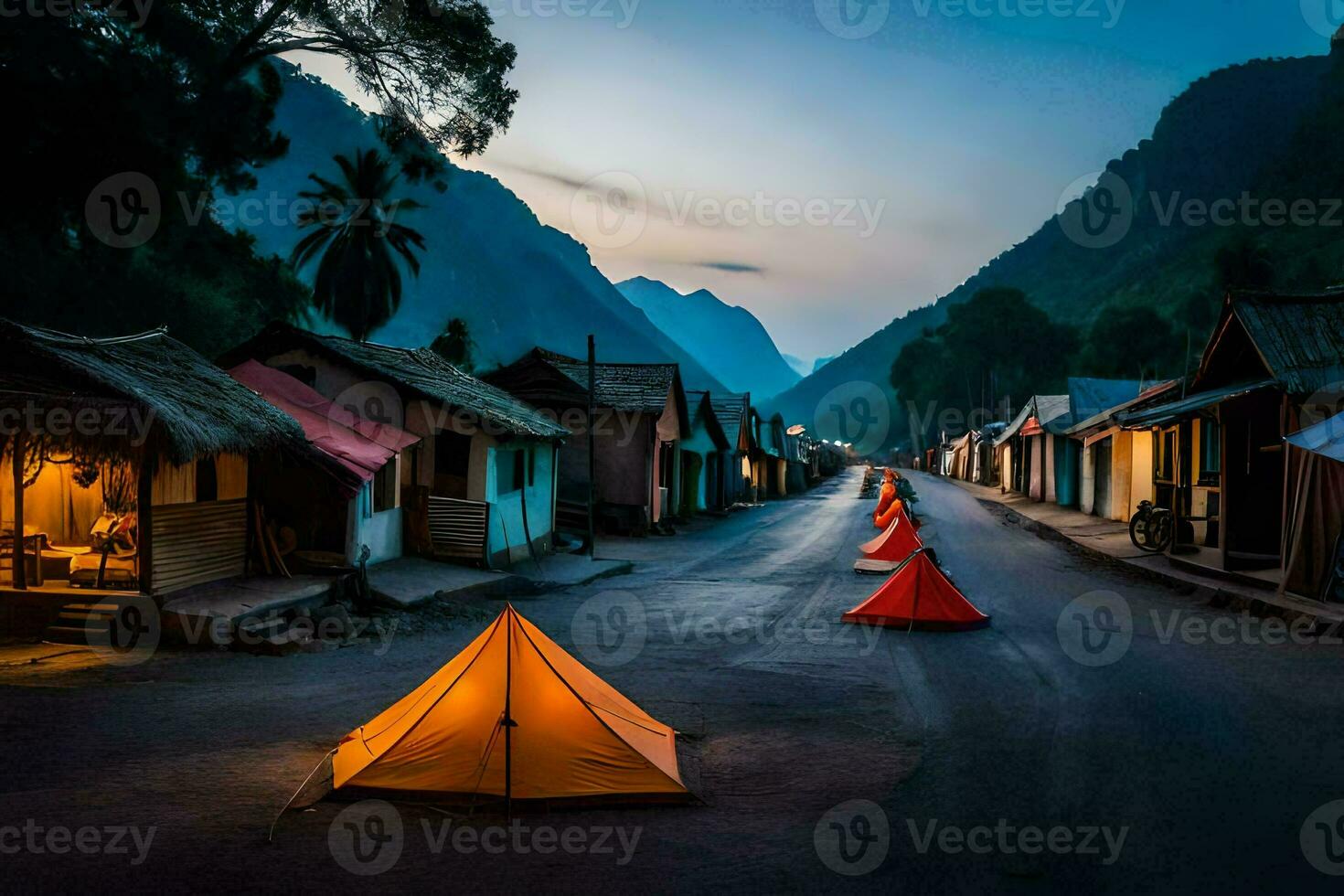 a village street at dusk with tents and a mountain in the background. AI-Generated photo