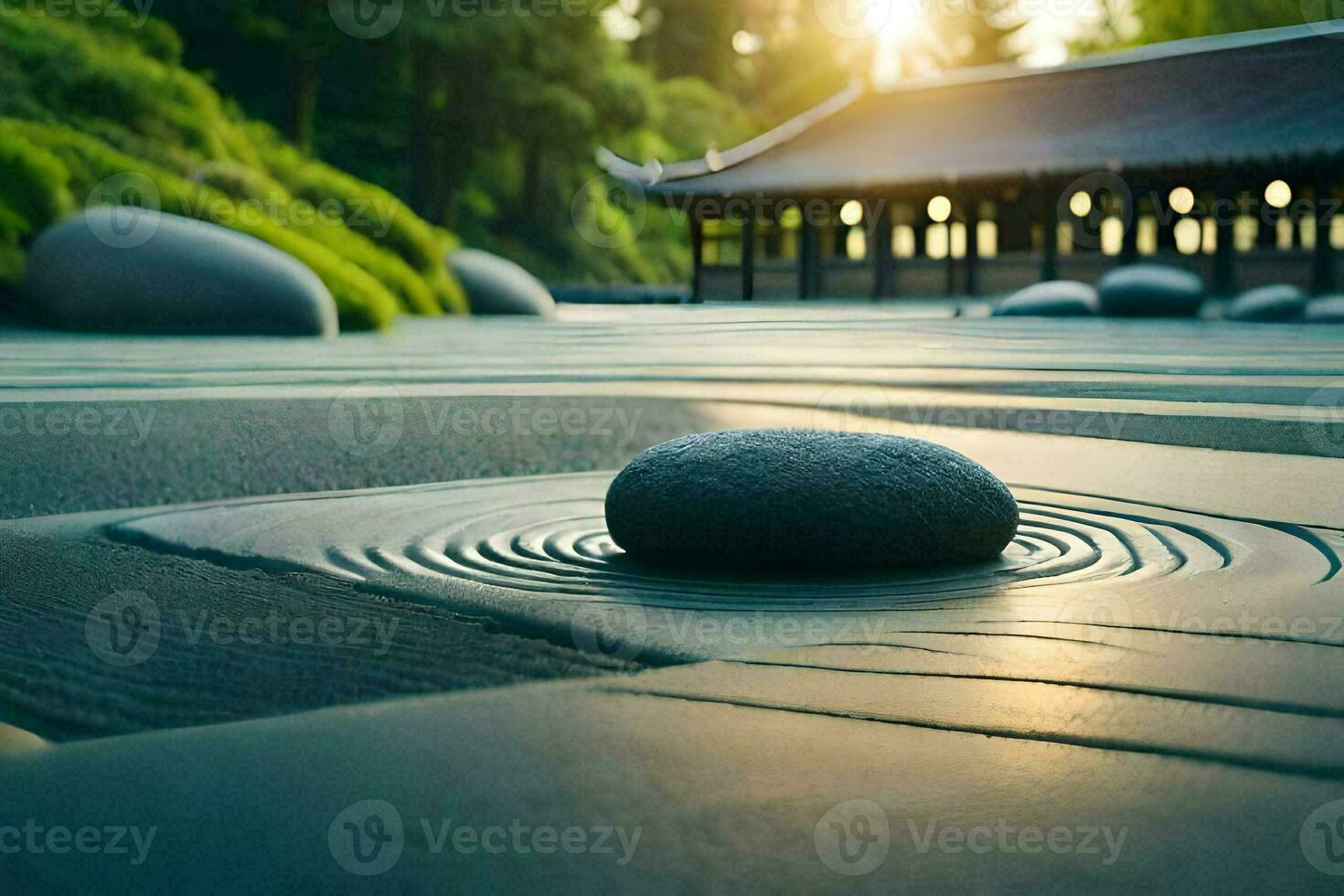 a stone in the middle of a garden with a building in the background. AI-Generated photo