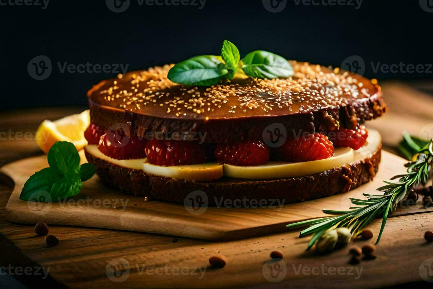 a chocolate cake with raspberries and herbs. AI-Generated photo