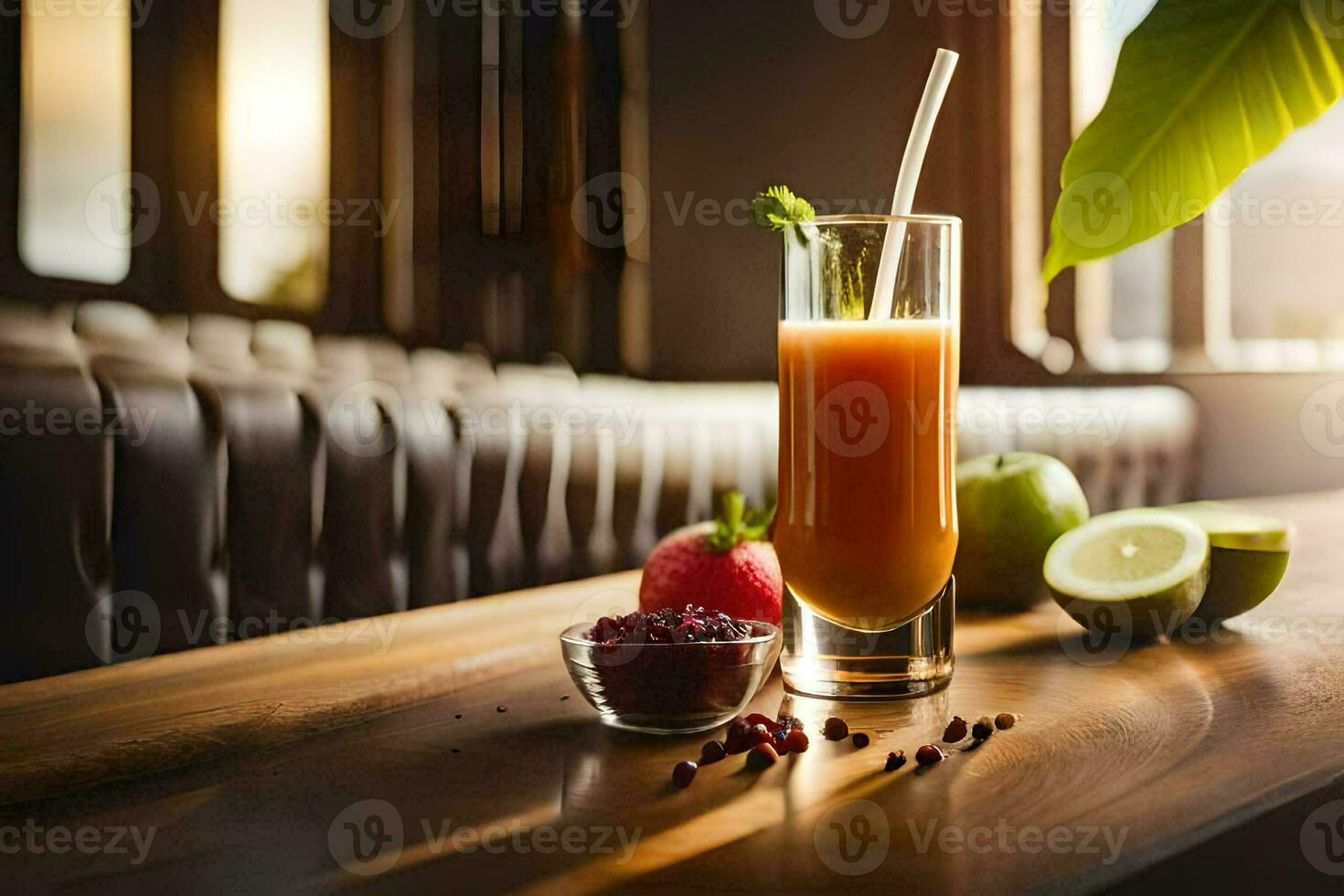 a glass of juice with fruit and a leaf. AI-Generated photo