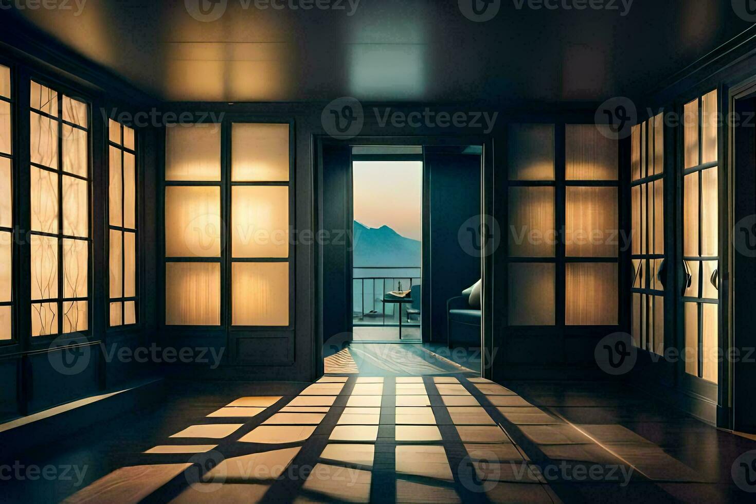 a dark room with a window and a view of the ocean. AI-Generated photo