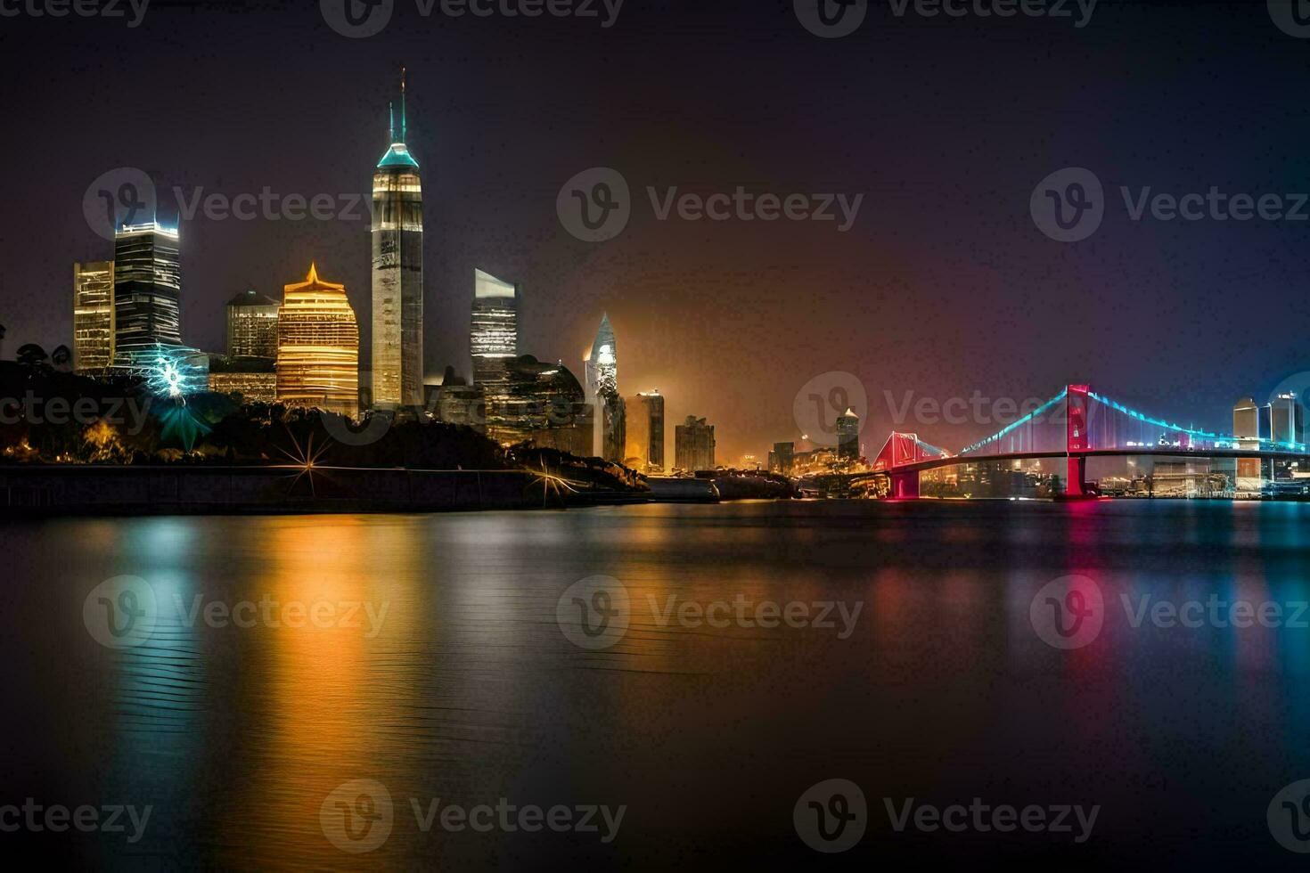 el ciudad horizonte a noche con un puente y luces. generado por ai foto