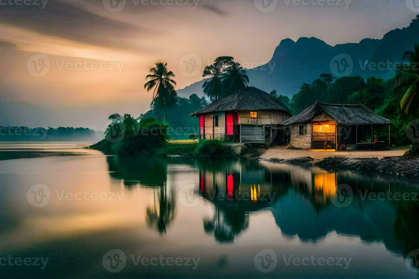 a house on the shore of a lake at sunset. AI-Generated photo