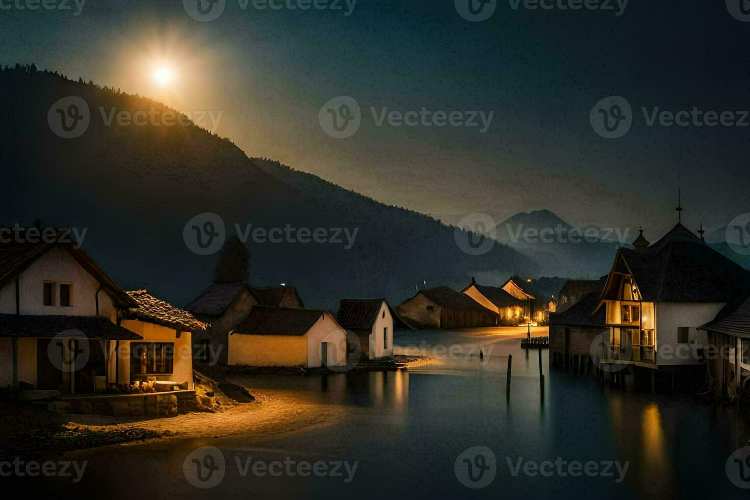 photo wallpaper the moon, water, houses, the village, lake, the moon, the village. AI-Generated