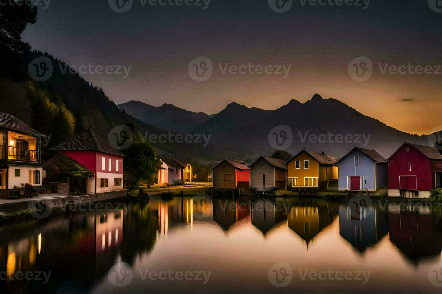 colorful houses in the mountains at sunset. AI-Generated photo