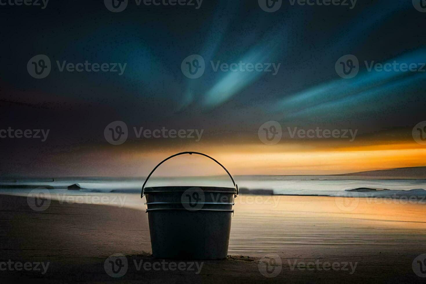 a bucket on the beach at sunset. AI-Generated photo